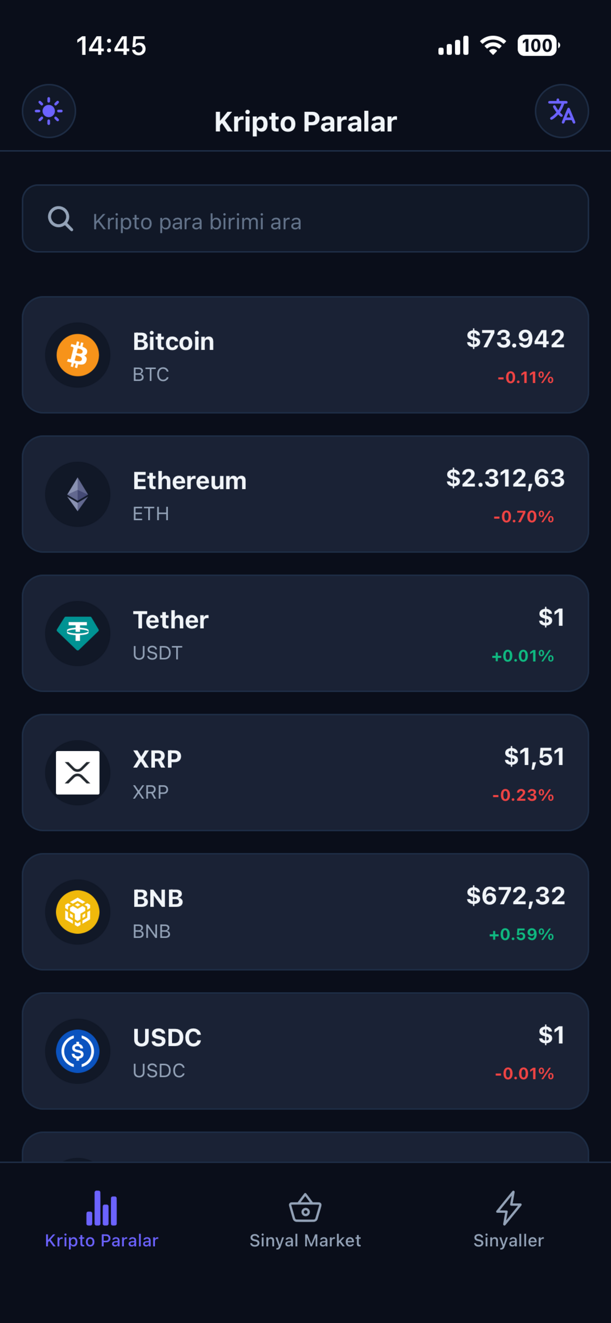 Kripto Paralar ekranı